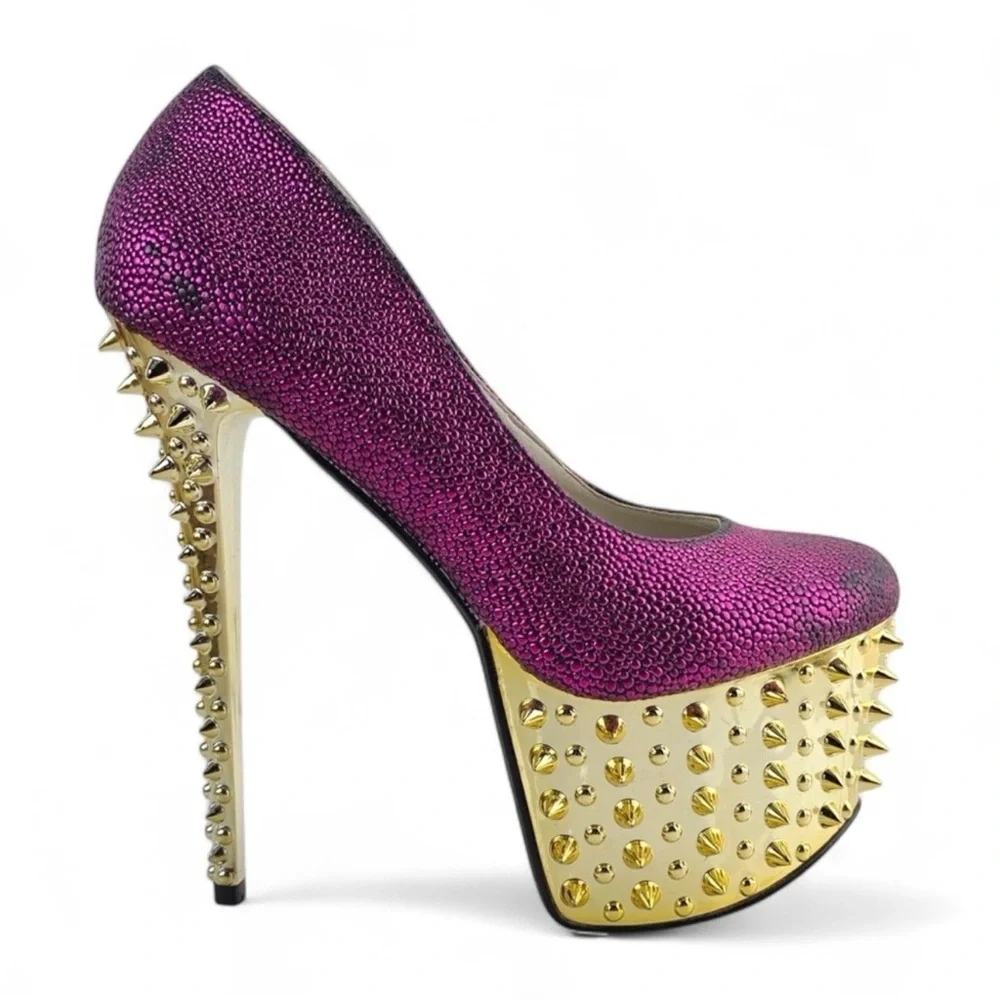 ❤️ NEW REDKISS Purple and Gold Spiked Heels Stiletto Embossed Snake Texture Pump - Picture 3 of 5